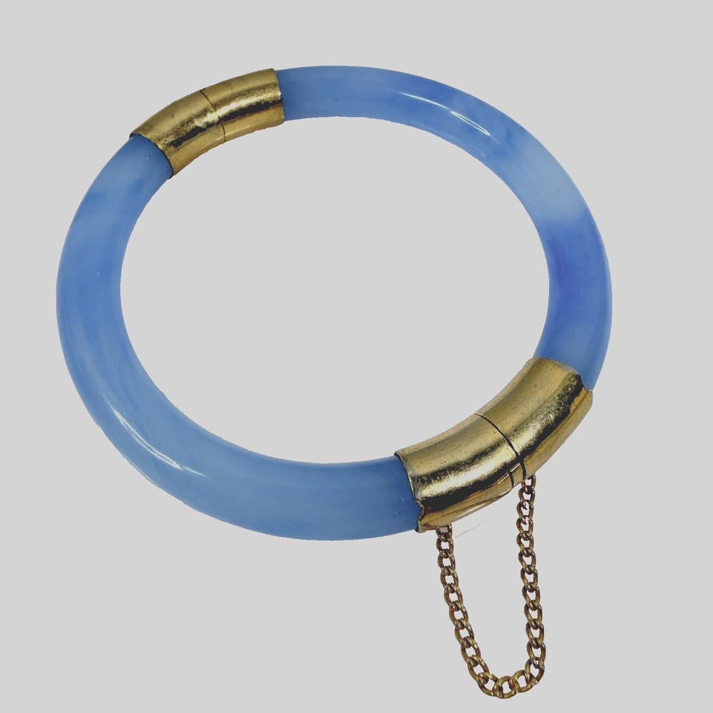 Vintage Blue Glass Hinged Bangle Bracelet Gold Tone Clasp Safety Chain Size 7